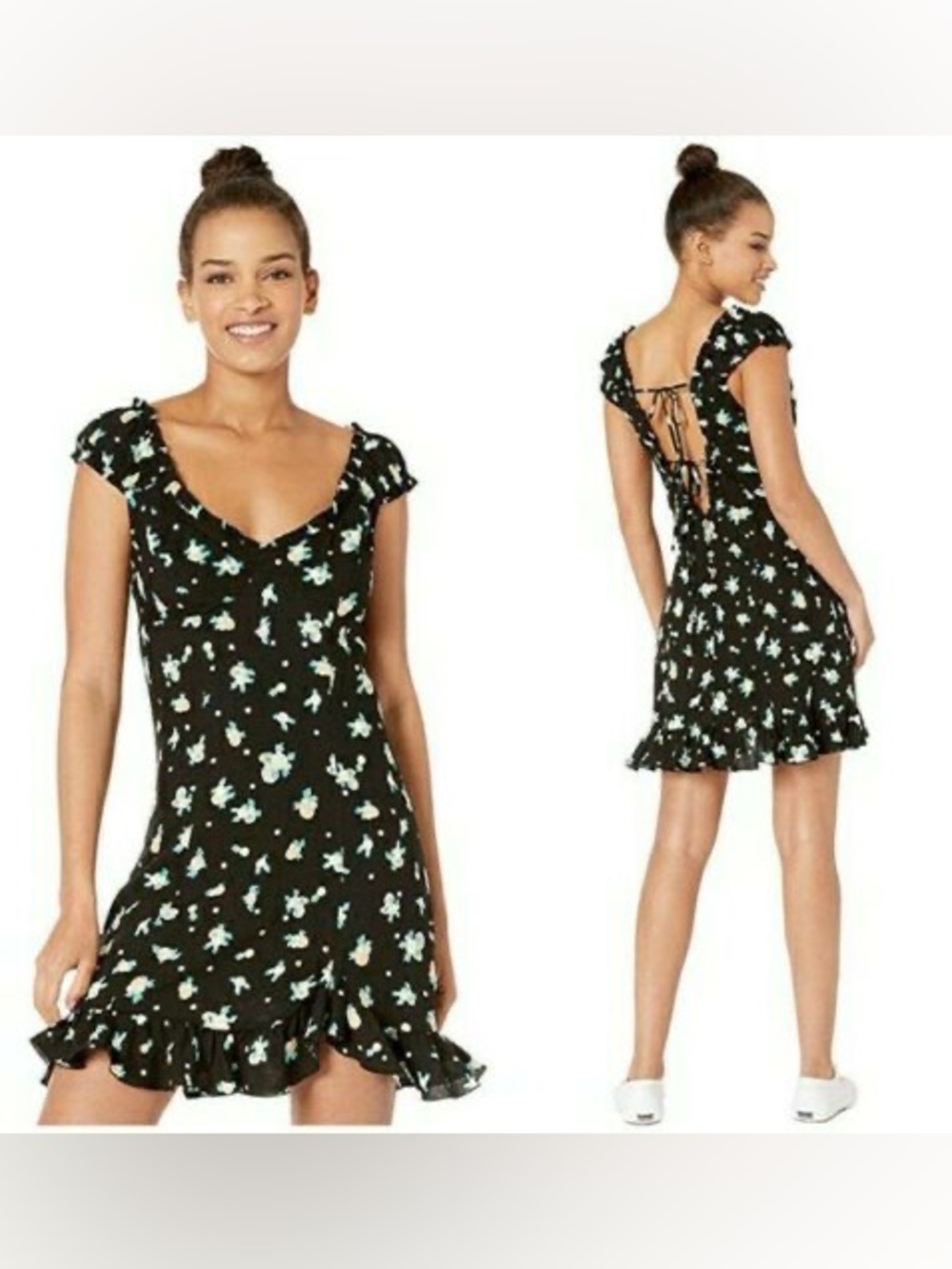 New FREE PEOPLE Sz Lg WOMENS LIKE A LADY SLEEVELESS PRINTED MINI DRESS, BLACK